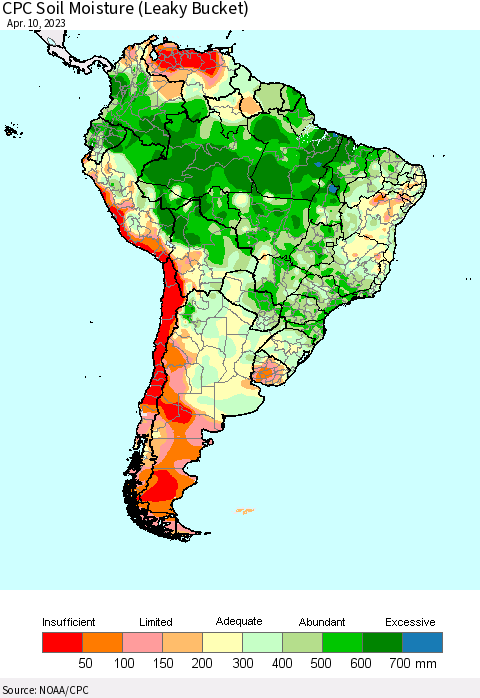South America CPC Soil Moisture (Leaky Bucket) Thematic Map For 4/6/2023 - 4/10/2023