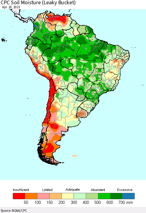 South America CPC Soil Moisture (Leaky Bucket) Thematic Map For 4/16/2023 - 4/20/2023