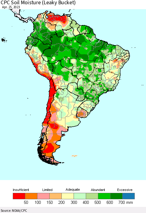 South America CPC Soil Moisture (Leaky Bucket) Thematic Map For 4/21/2023 - 4/25/2023