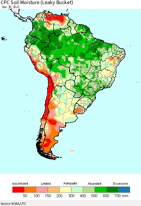South America CPC Soil Moisture (Leaky Bucket) Thematic Map For 4/26/2023 - 4/30/2023