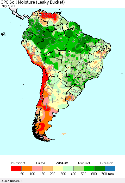 South America CPC Soil Moisture (Leaky Bucket) Thematic Map For 5/1/2023 - 5/5/2023