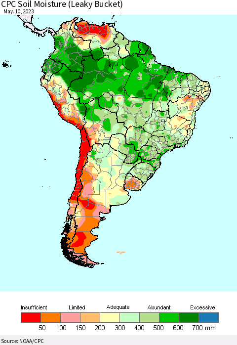South America CPC Soil Moisture (Leaky Bucket) Thematic Map For 5/6/2023 - 5/10/2023