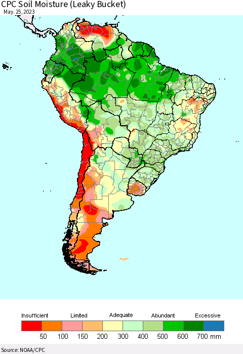 South America CPC Soil Moisture (Leaky Bucket) Thematic Map For 5/21/2023 - 5/25/2023