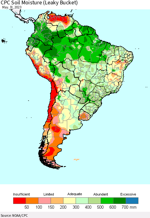 South America CPC Soil Moisture (Leaky Bucket) Thematic Map For 5/26/2023 - 5/31/2023