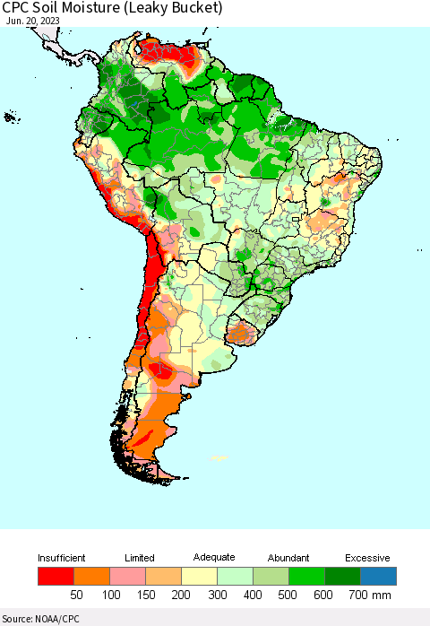 South America CPC Soil Moisture (Leaky Bucket) Thematic Map For 6/16/2023 - 6/20/2023