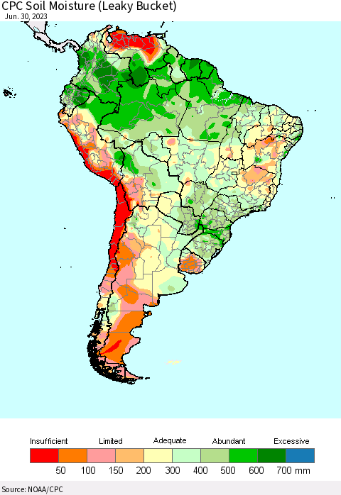 South America CPC Soil Moisture (Leaky Bucket) Thematic Map For 6/26/2023 - 6/30/2023