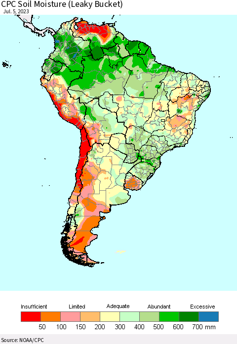 South America CPC Soil Moisture (Leaky Bucket) Thematic Map For 7/1/2023 - 7/5/2023