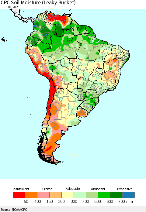 South America CPC Soil Moisture (Leaky Bucket) Thematic Map For 7/6/2023 - 7/10/2023
