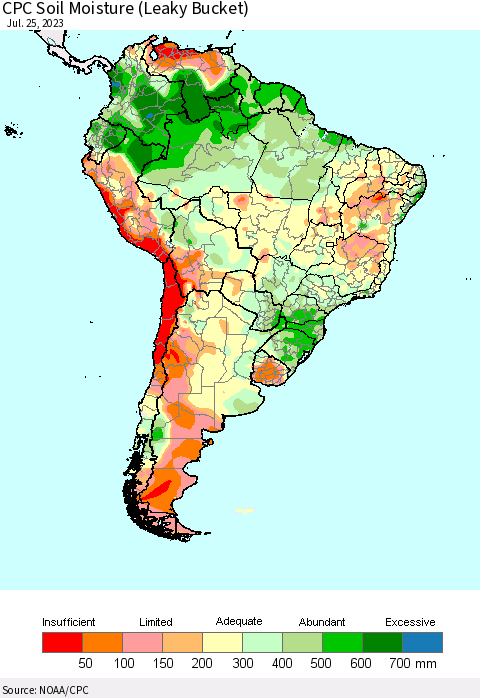 South America CPC Soil Moisture (Leaky Bucket) Thematic Map For 7/21/2023 - 7/25/2023