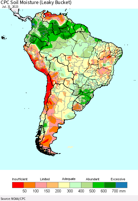 South America CPC Soil Moisture (Leaky Bucket) Thematic Map For 7/26/2023 - 7/31/2023