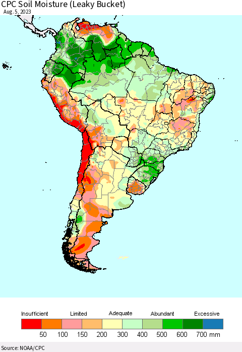 South America CPC Soil Moisture (Leaky Bucket) Thematic Map For 8/1/2023 - 8/5/2023