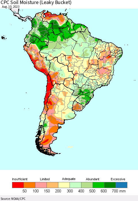 South America CPC Soil Moisture (Leaky Bucket) Thematic Map For 8/6/2023 - 8/10/2023