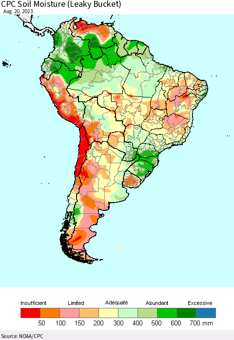 South America CPC Soil Moisture (Leaky Bucket) Thematic Map For 8/16/2023 - 8/20/2023