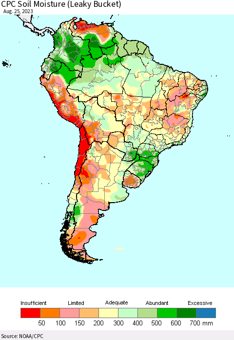 South America CPC Soil Moisture (Leaky Bucket) Thematic Map For 8/21/2023 - 8/25/2023