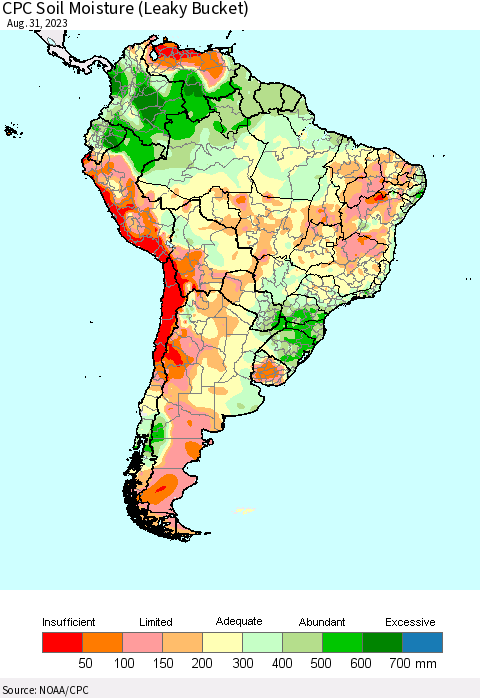 South America CPC Soil Moisture (Leaky Bucket) Thematic Map For 8/26/2023 - 8/31/2023