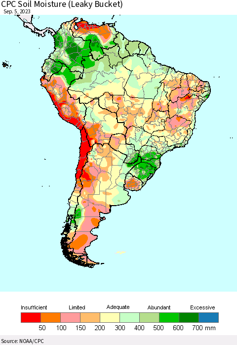 South America CPC Soil Moisture (Leaky Bucket) Thematic Map For 9/1/2023 - 9/5/2023