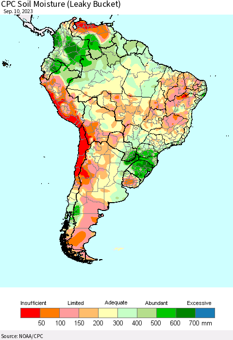 South America CPC Soil Moisture (Leaky Bucket) Thematic Map For 9/6/2023 - 9/10/2023