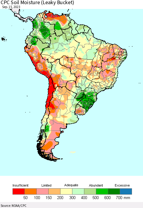 South America CPC Soil Moisture (Leaky Bucket) Thematic Map For 9/11/2023 - 9/15/2023