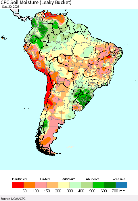 South America CPC Soil Moisture (Leaky Bucket) Thematic Map For 9/16/2023 - 9/20/2023