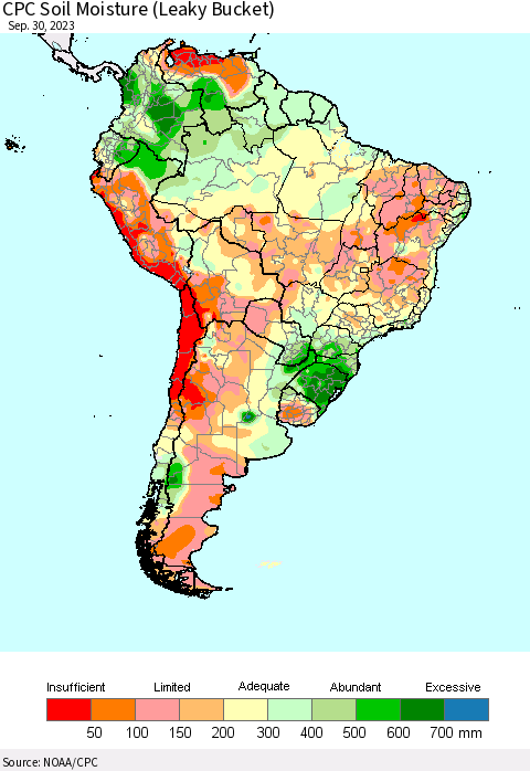 South America CPC Soil Moisture (Leaky Bucket) Thematic Map For 9/26/2023 - 9/30/2023