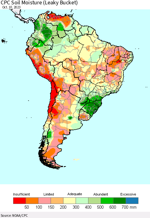 South America CPC Soil Moisture (Leaky Bucket) Thematic Map For 10/6/2023 - 10/10/2023
