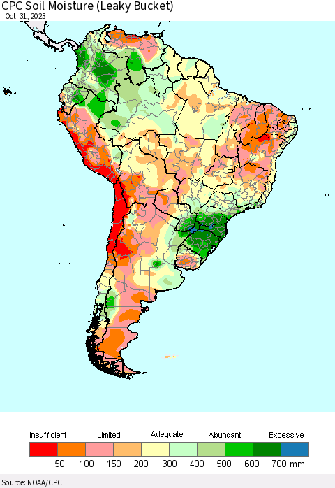 South America CPC Soil Moisture (Leaky Bucket) Thematic Map For 10/26/2023 - 10/31/2023