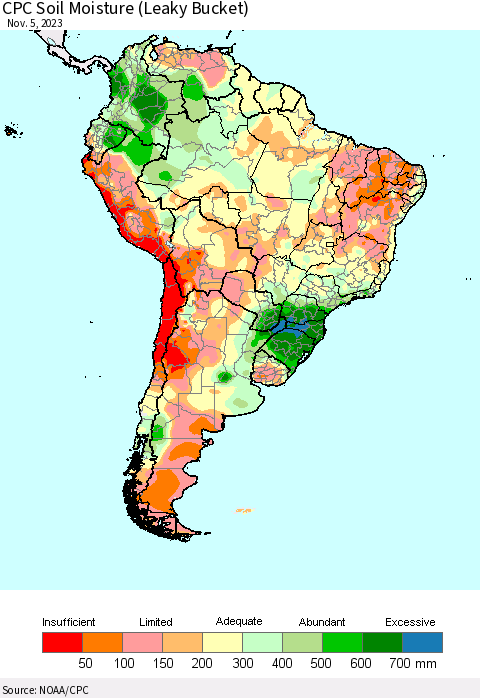 South America CPC Soil Moisture (Leaky Bucket) Thematic Map For 11/1/2023 - 11/5/2023