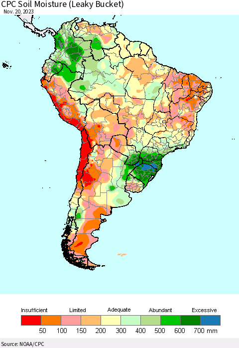South America CPC Soil Moisture (Leaky Bucket) Thematic Map For 11/16/2023 - 11/20/2023