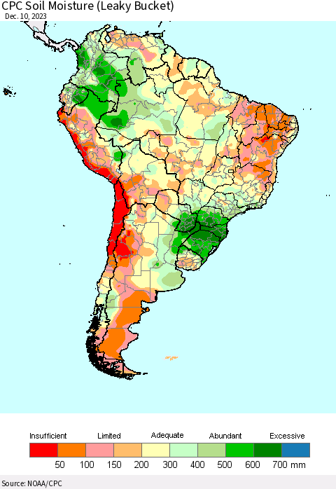 South America CPC Soil Moisture (Leaky Bucket) Thematic Map For 12/6/2023 - 12/10/2023