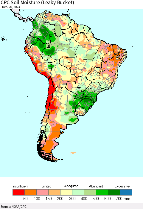 South America CPC Soil Moisture (Leaky Bucket) Thematic Map For 12/16/2023 - 12/20/2023