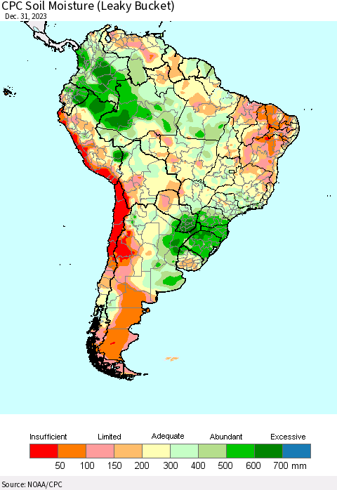 South America CPC Soil Moisture (Leaky Bucket) Thematic Map For 12/26/2023 - 12/31/2023