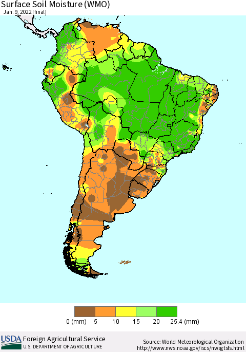 South America Surface Soil Moisture (WMO) Thematic Map For 1/3/2022 - 1/9/2022