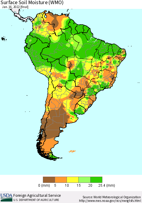 South America Surface Soil Moisture (WMO) Thematic Map For 1/10/2022 - 1/16/2022