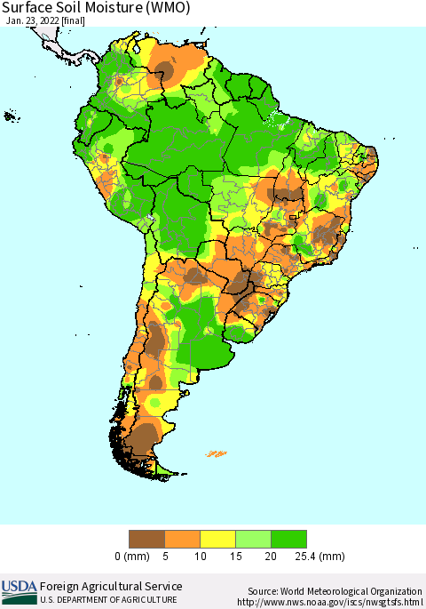 South America Surface Soil Moisture (WMO) Thematic Map For 1/17/2022 - 1/23/2022