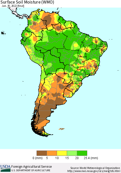 South America Surface Soil Moisture (WMO) Thematic Map For 1/24/2022 - 1/30/2022