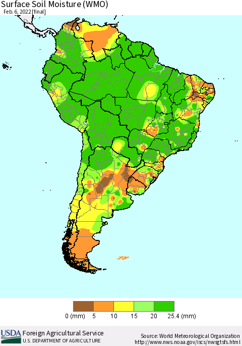 South America Surface Soil Moisture (WMO) Thematic Map For 1/31/2022 - 2/6/2022
