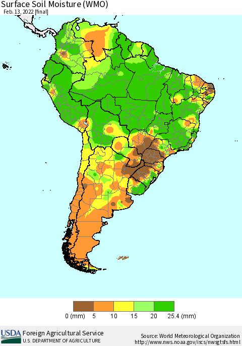 South America Surface Soil Moisture (WMO) Thematic Map For 2/7/2022 - 2/13/2022