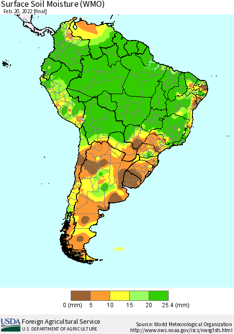 South America Surface Soil Moisture (WMO) Thematic Map For 2/14/2022 - 2/20/2022
