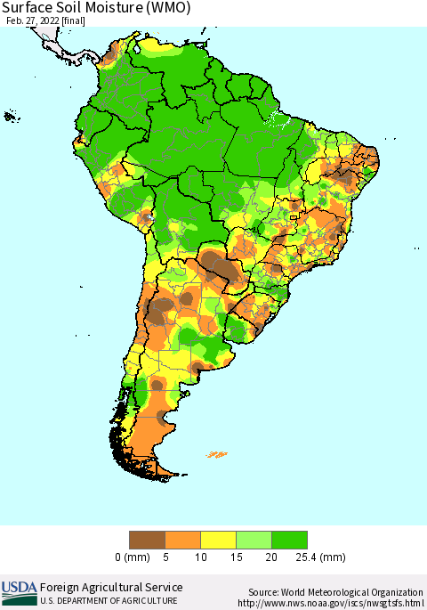 South America Surface Soil Moisture (WMO) Thematic Map For 2/21/2022 - 2/27/2022