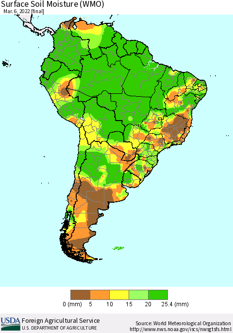 South America Surface Soil Moisture (WMO) Thematic Map For 2/28/2022 - 3/6/2022