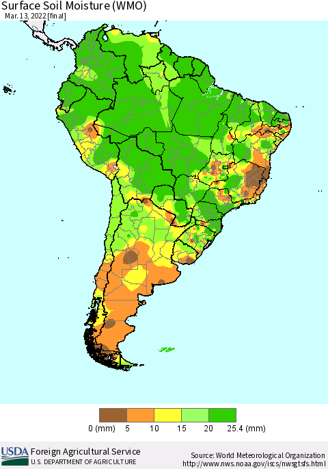 South America Surface Soil Moisture (WMO) Thematic Map For 3/7/2022 - 3/13/2022