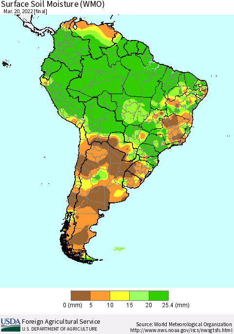 South America Surface Soil Moisture (WMO) Thematic Map For 3/14/2022 - 3/20/2022