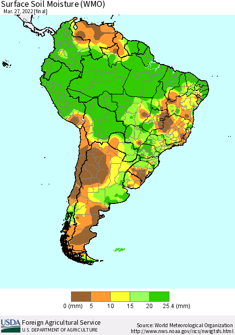South America Surface Soil Moisture (WMO) Thematic Map For 3/21/2022 - 3/27/2022