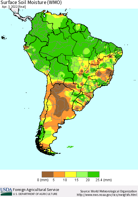 South America Surface Soil Moisture (WMO) Thematic Map For 3/28/2022 - 4/3/2022