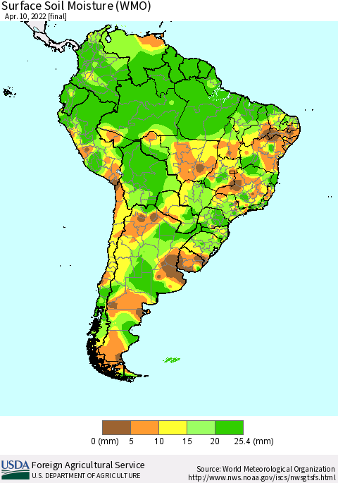 South America Surface Soil Moisture (WMO) Thematic Map For 4/4/2022 - 4/10/2022
