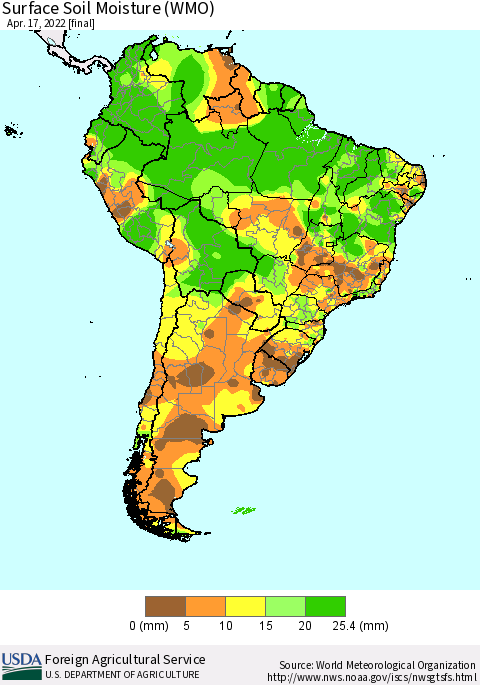 South America Surface Soil Moisture (WMO) Thematic Map For 4/11/2022 - 4/17/2022