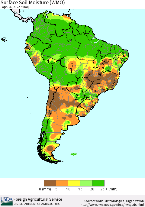 South America Surface Soil Moisture (WMO) Thematic Map For 4/18/2022 - 4/24/2022