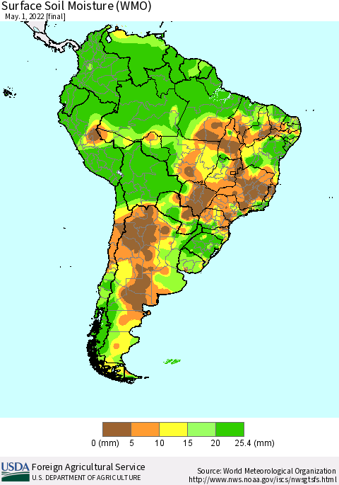 South America Surface Soil Moisture (WMO) Thematic Map For 4/25/2022 - 5/1/2022