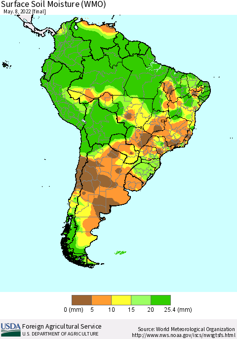 South America Surface Soil Moisture (WMO) Thematic Map For 5/2/2022 - 5/8/2022