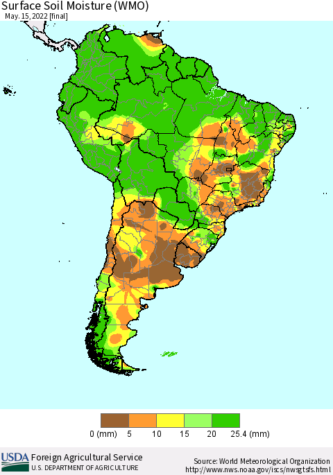 South America Surface Soil Moisture (WMO) Thematic Map For 5/9/2022 - 5/15/2022